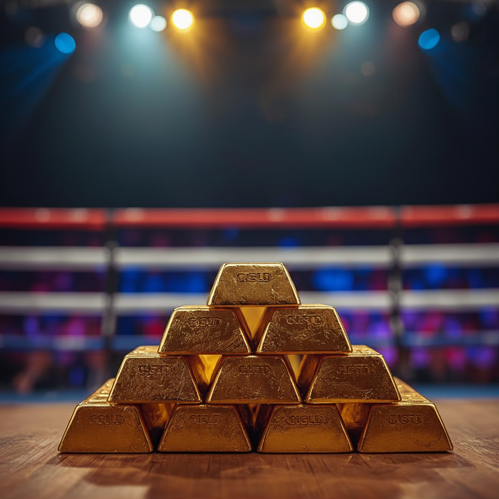 Gold bars stacked inside a boxing ring symbolizing the Federal Reserve meeting impact on gold and silver prices